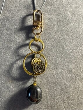 Hand Crafted Gold-Tone Key & Card Holder Charm with Hematite Accent
